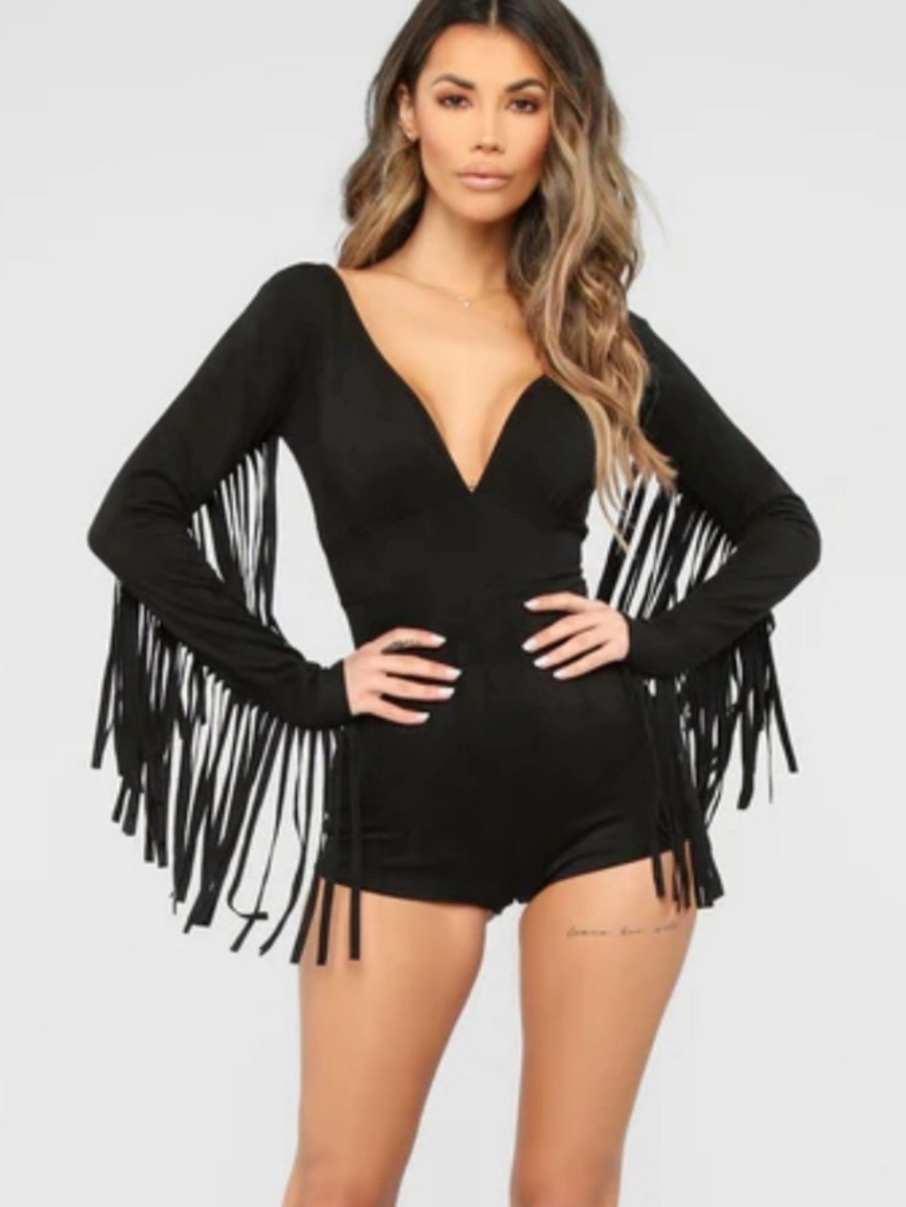 Black Suede Romper With Fringe